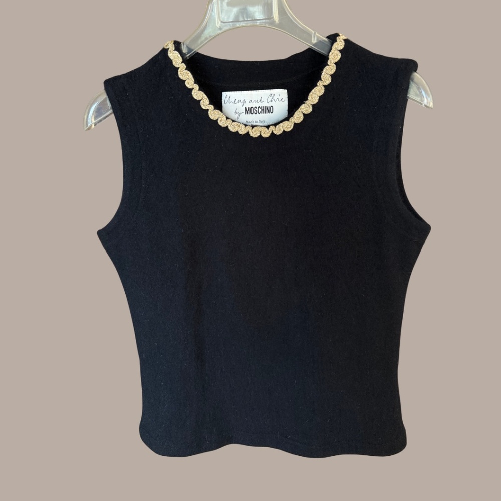 VINTAGE MOSCHINO Angora Sleeveless Top with Gold Trim Neckline XL